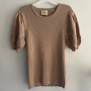 Elie Tahari Tan Ribbed Puff Sleeve Knit Top Size M Neutral Professional Workwear